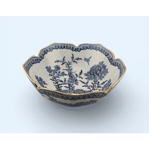 Antique Chinese 19th Cent Hand Painted Blue White Floral Bird Bowl Gold Accents